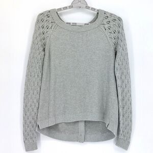 Loft Sweater Womens Sz S Gray Crochet Sleeve Button Back Tight Cable Knit